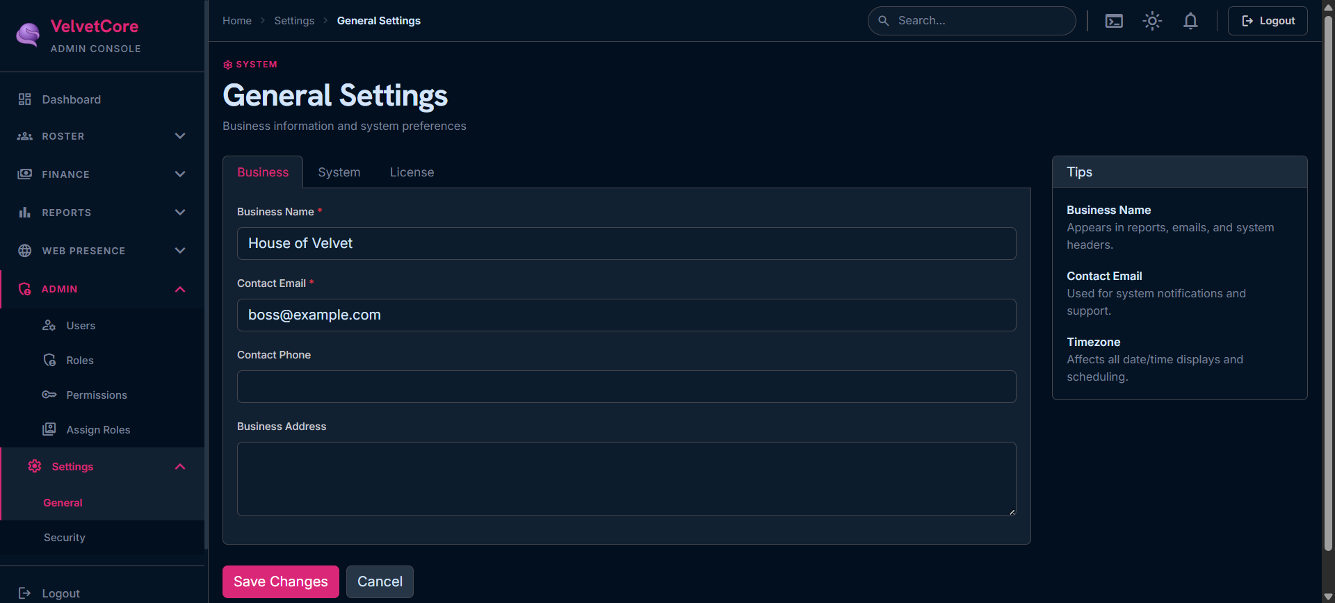 Admin settings panel showing SEO and site configuration options