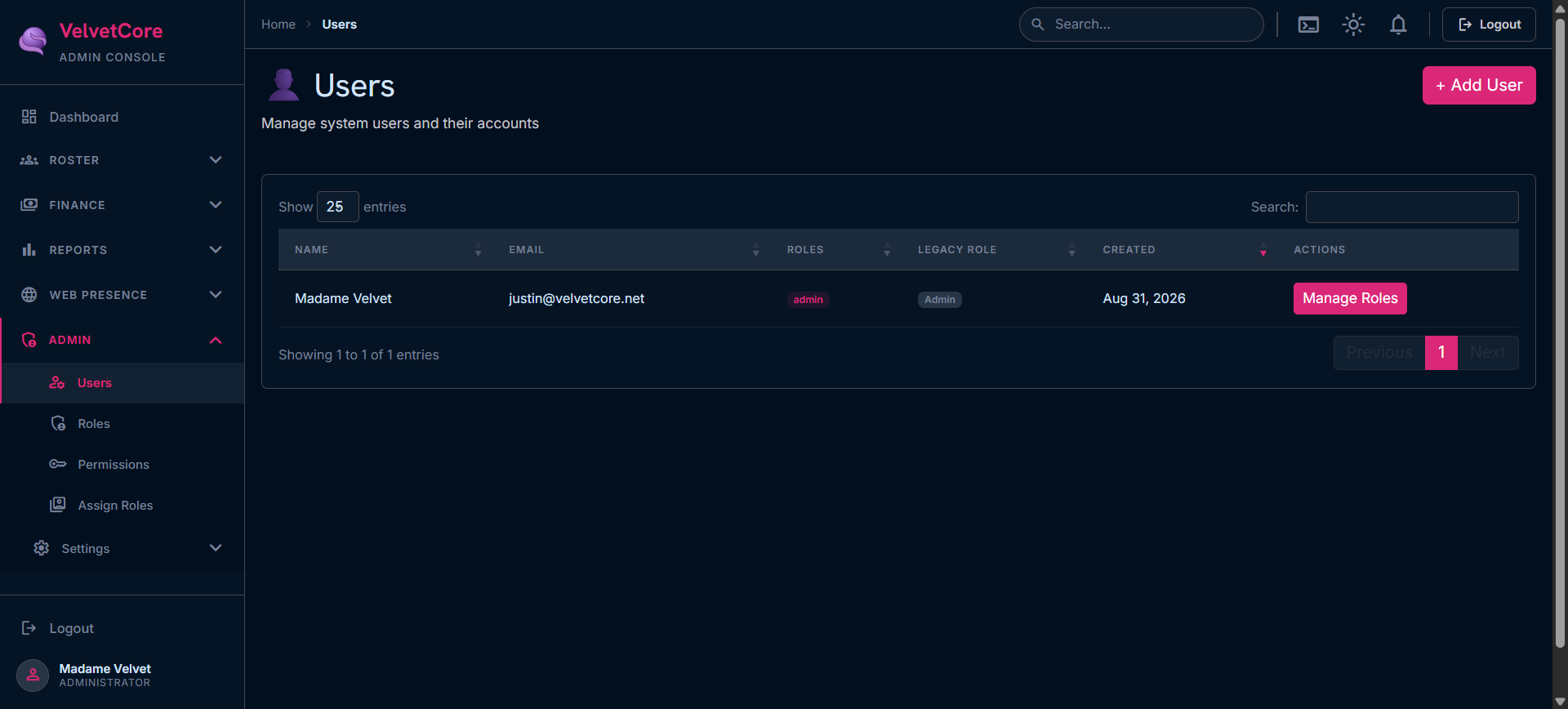 User management interface showing staff accounts and their assigned roles