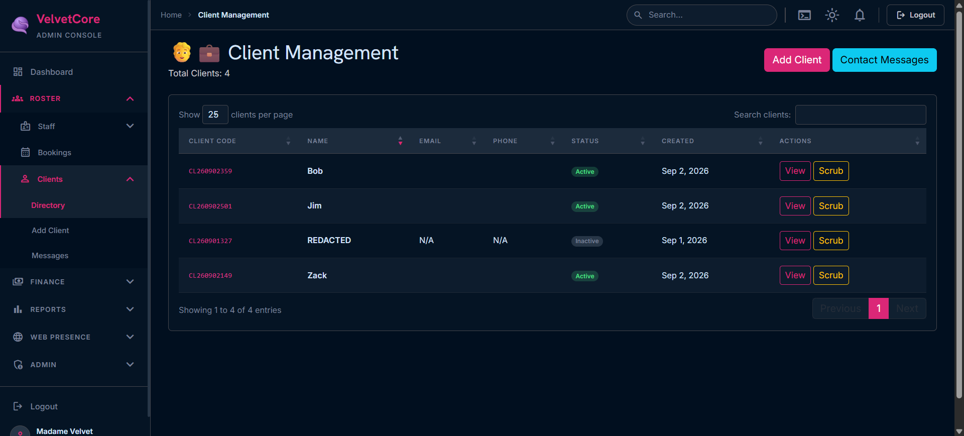 Client list showing customer cards with spend, visit count, and privacy level