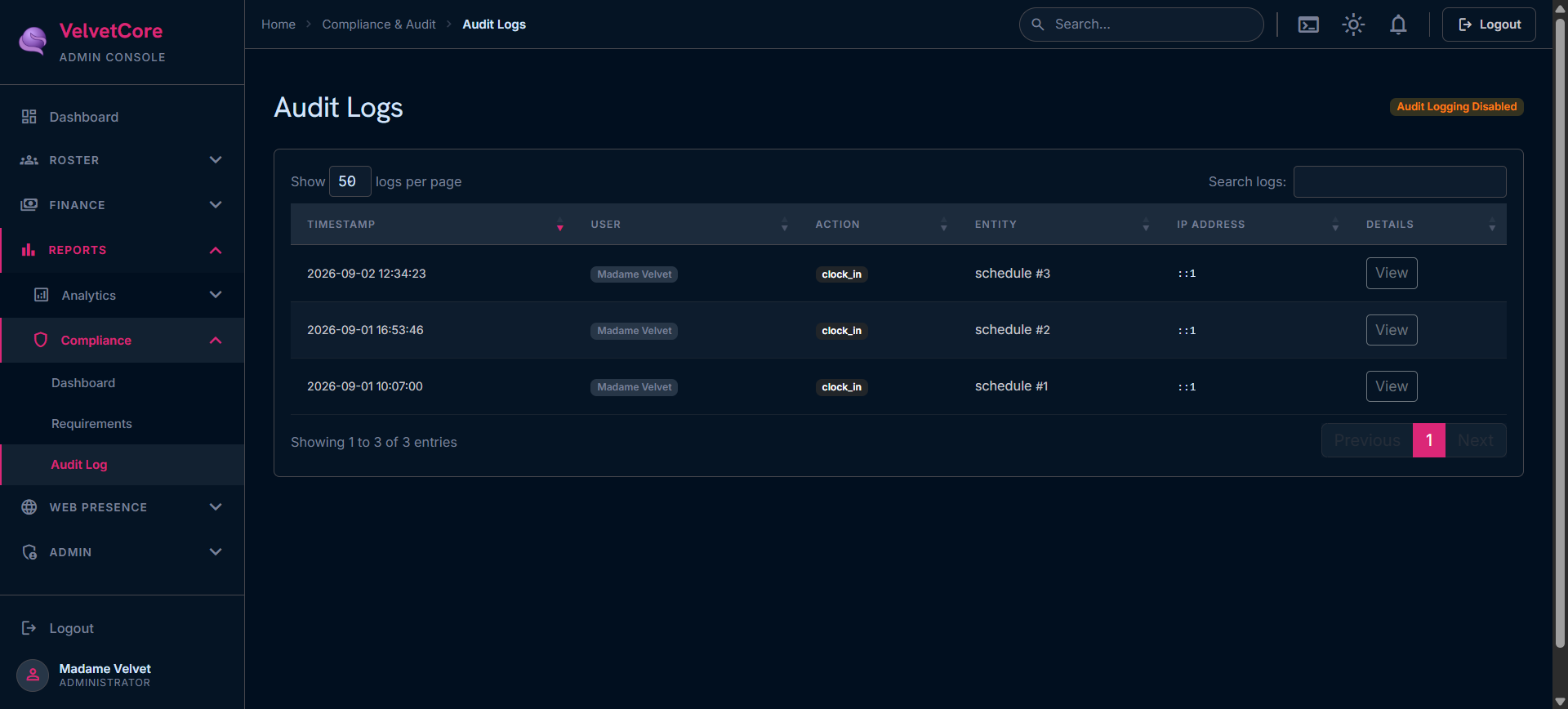 Compliance and audit log interface showing activity timeline and document tracking