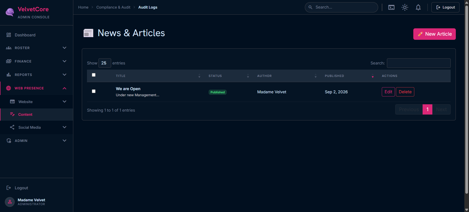 News article management interface