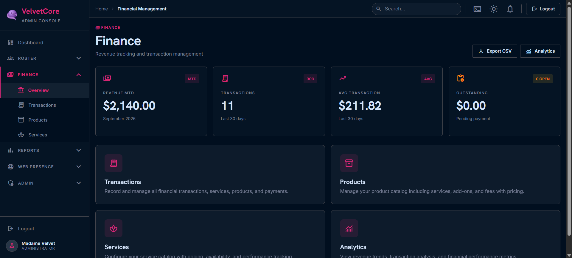 Financial dashboard showing revenue metrics, transaction counts, and trends