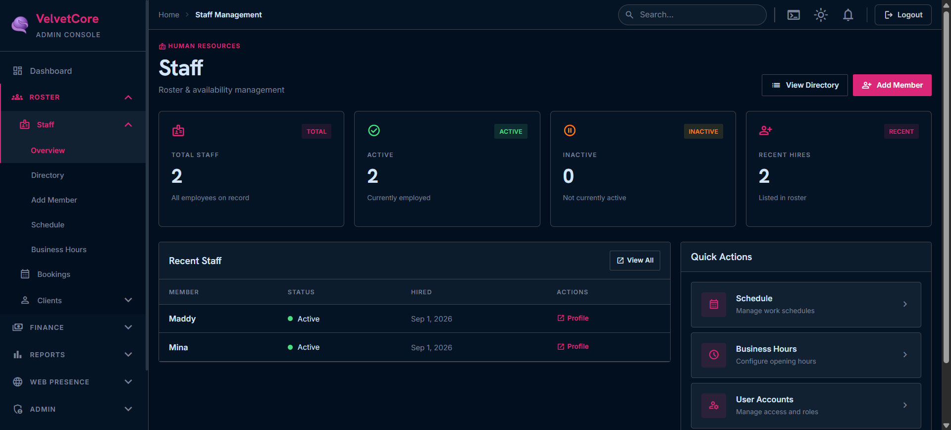 Staff dashboard showing performance metrics and upcoming shifts
