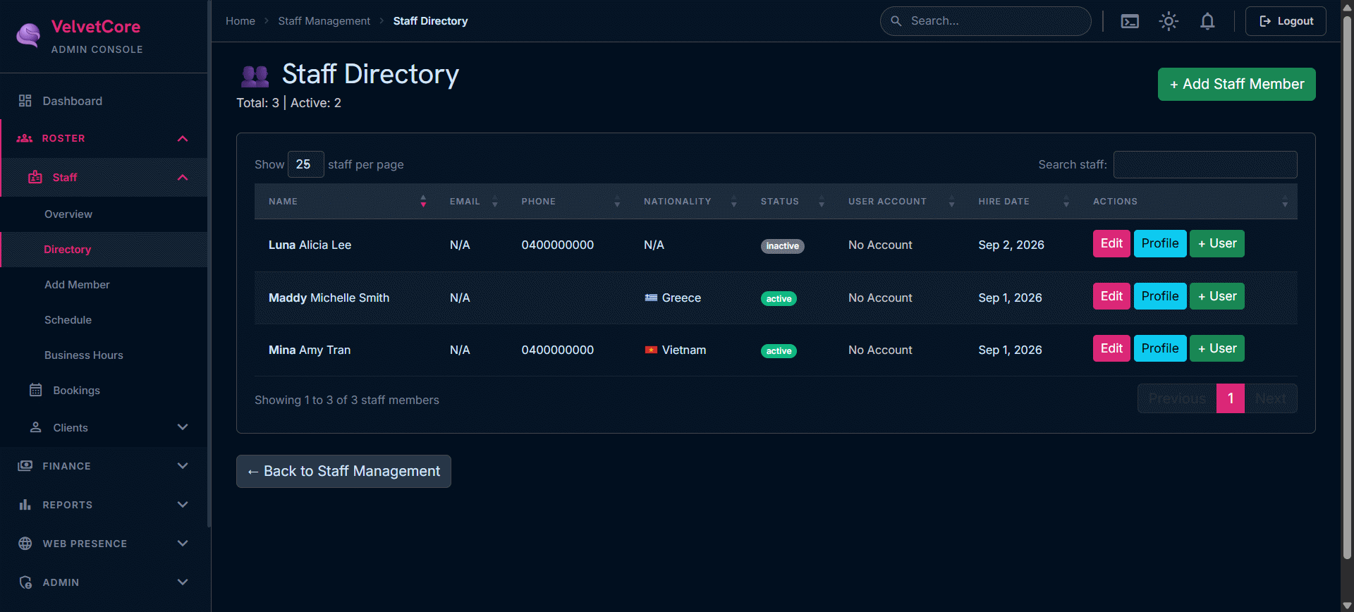 Staff list showing employee cards with status and key details