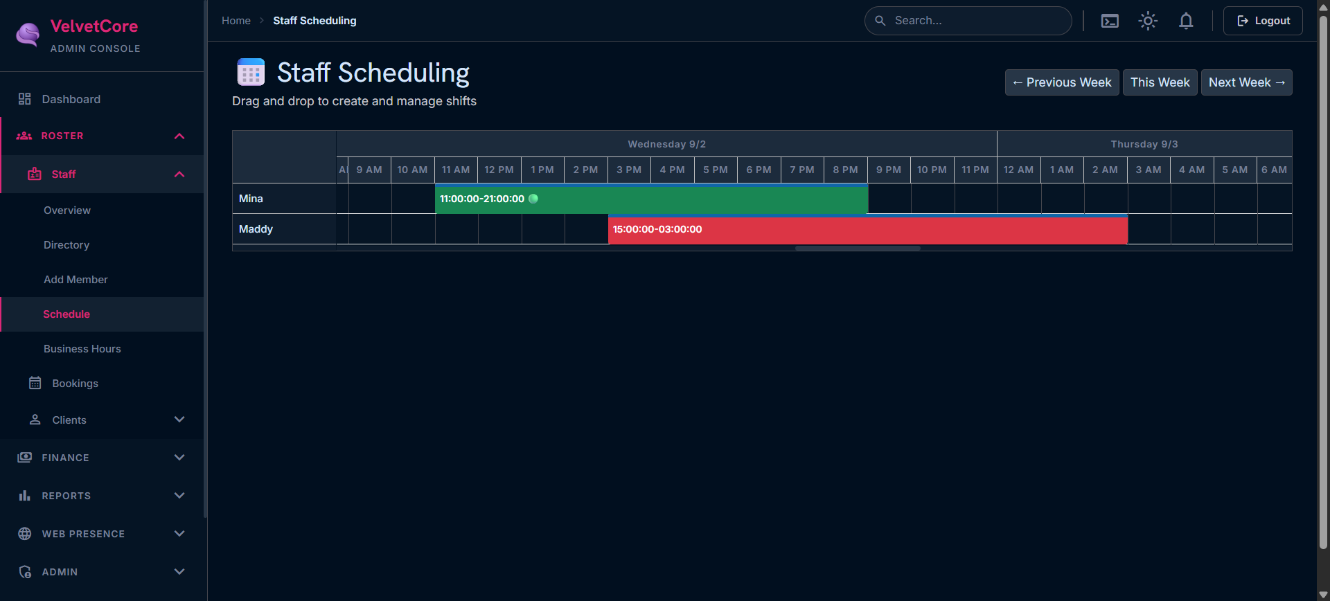 Staff scheduling interface showing shift calendar and assignments