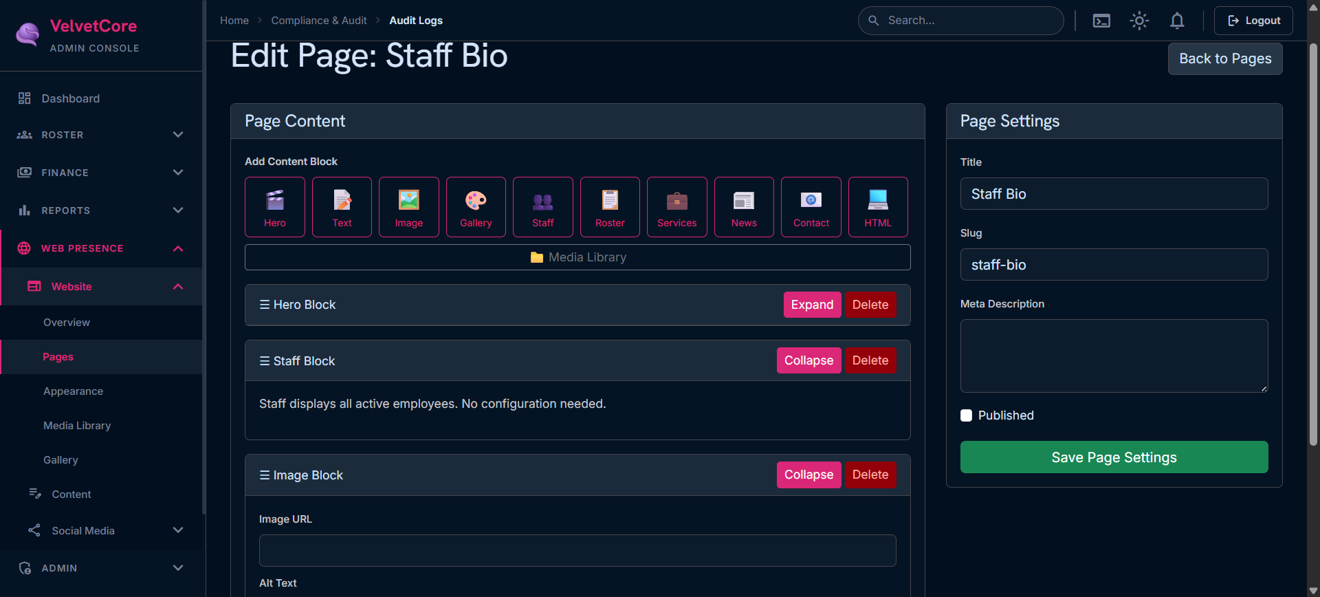 Website page builder interface with block editor and live preview